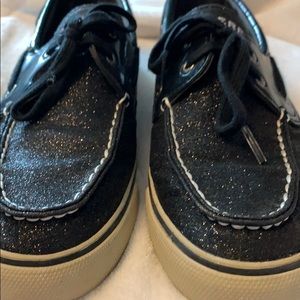 Sparkly black and off white sperry shoes